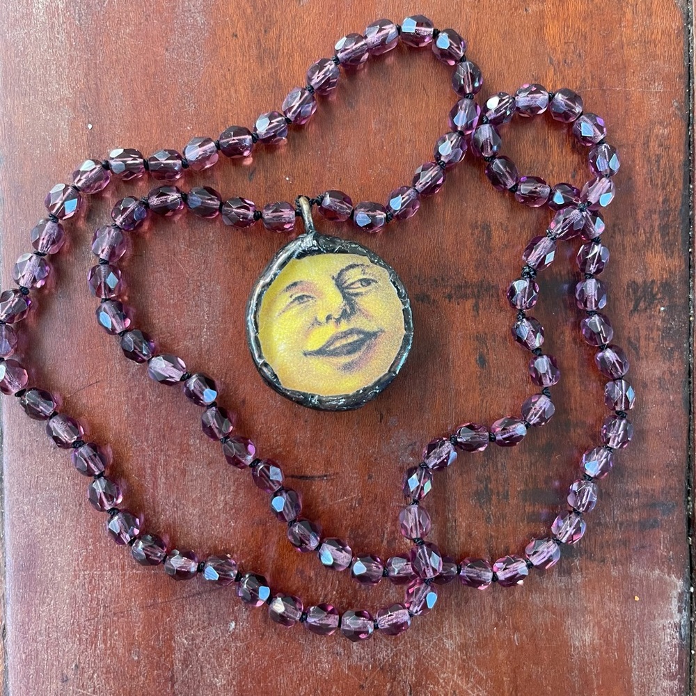 Mystic moon phases chakra boho necklace Czech glass amethyst mo…